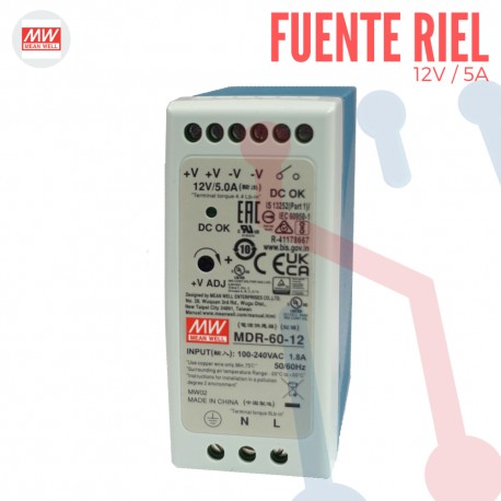 La fuente Mean Well de 12V 5A para montaje en riel DIN, cuenta con protección contra sobrecargas, ajuste de voltaje y señal visu